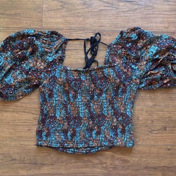 Free People Blue and Brown Puff Sleeve Blouse - Picture 1 of 3